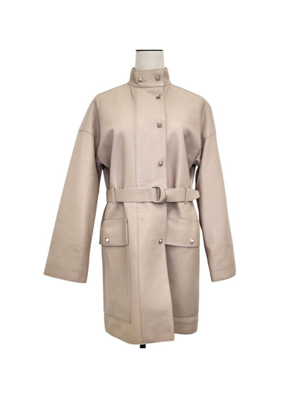 Hermes Medall Button Goat Leather Belted Coat Pink Beige 34
